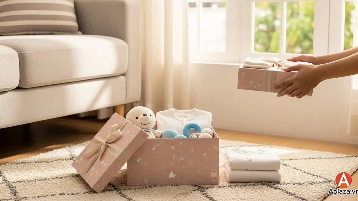 Bố mẹ trao quà cho bé trong không gian ấm áp với hộp quà pastel mở hé, bên cạnh đồ chơi an toàn và quần áo cotton gấp gọn, gợi ý quà cho bé theo từng độ tuổi