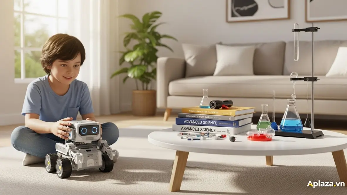 Bộ quà công nghệ cho bé 8 tuổi gồm robot lập trình nhỏ, khối lệnh kéo‑thả và kit STEM đặt trên nền sáng, bé 8 tuổi cầm robot với ánh sáng tự nhiên dịu.