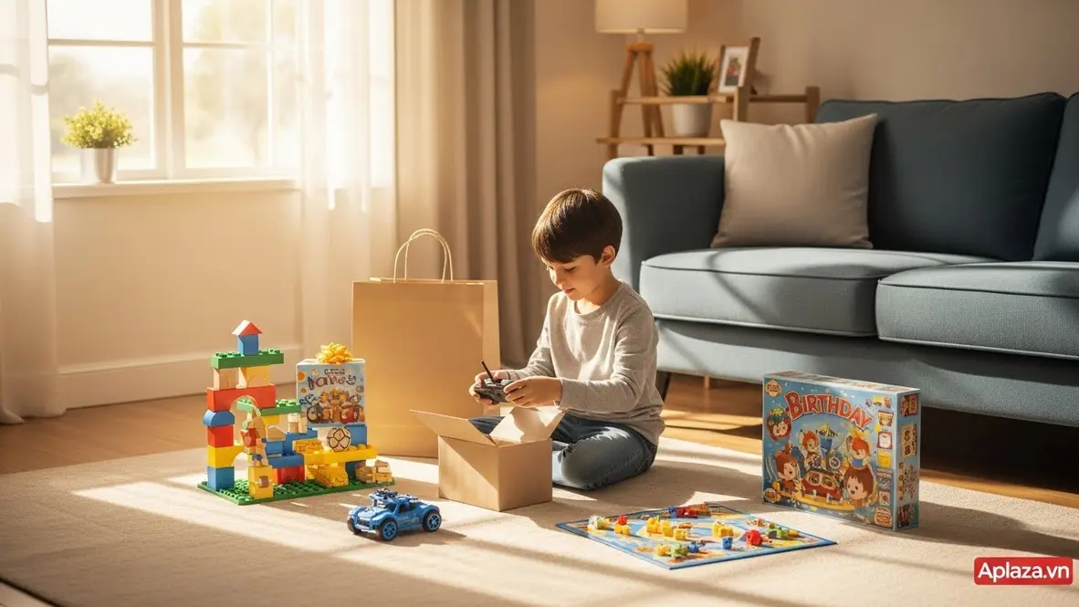 Bé trai 8 tuổi mở quà sinh nhật và chơi xe RC, board game, xếp hình trong phòng khách sáng, gợi ý mua quà sinh nhật cho bé trai 8 tuổi