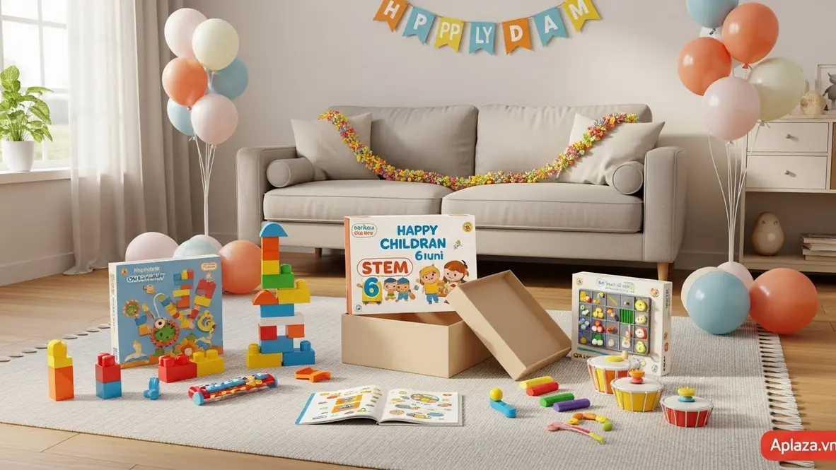 Quà giáo dục và sáng tạo cho bé 6 tuổi trong không gian lễ 1/6, hộp quà đang mở trên thảm, xung quanh là bộ xếp hình, kit STEM đơn giản, sách tương tác, đất nặn và nhạc cụ mini, ánh sáng ấm áp vui tươi.
