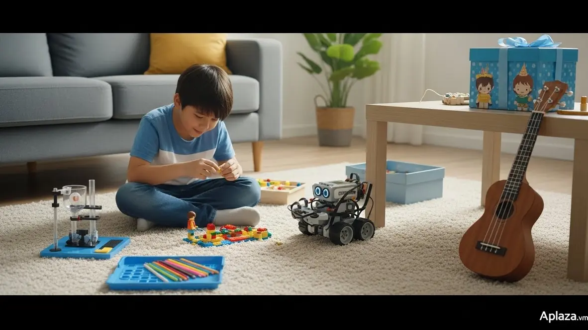 Bé trai 8 tuổi chơi LEGO, robot lập trình và bộ mỹ thuật bên cạnh hộp quà, không gian sáng ấm, gợi ý quà sáng tạo kích thích tư duy.
