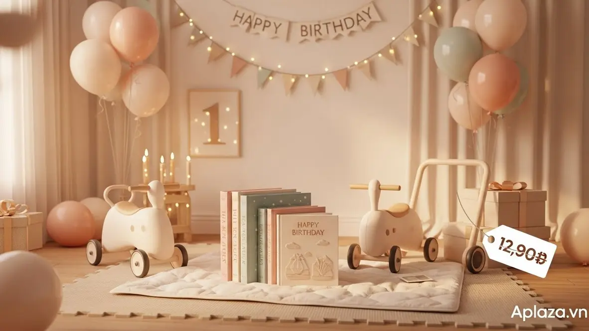 Quà sinh nhật cho bé 1 tuổi: sách vải, sách bìa cứng và xe chòi chân an toàn bên cạnh hộp quà có thẻ giá