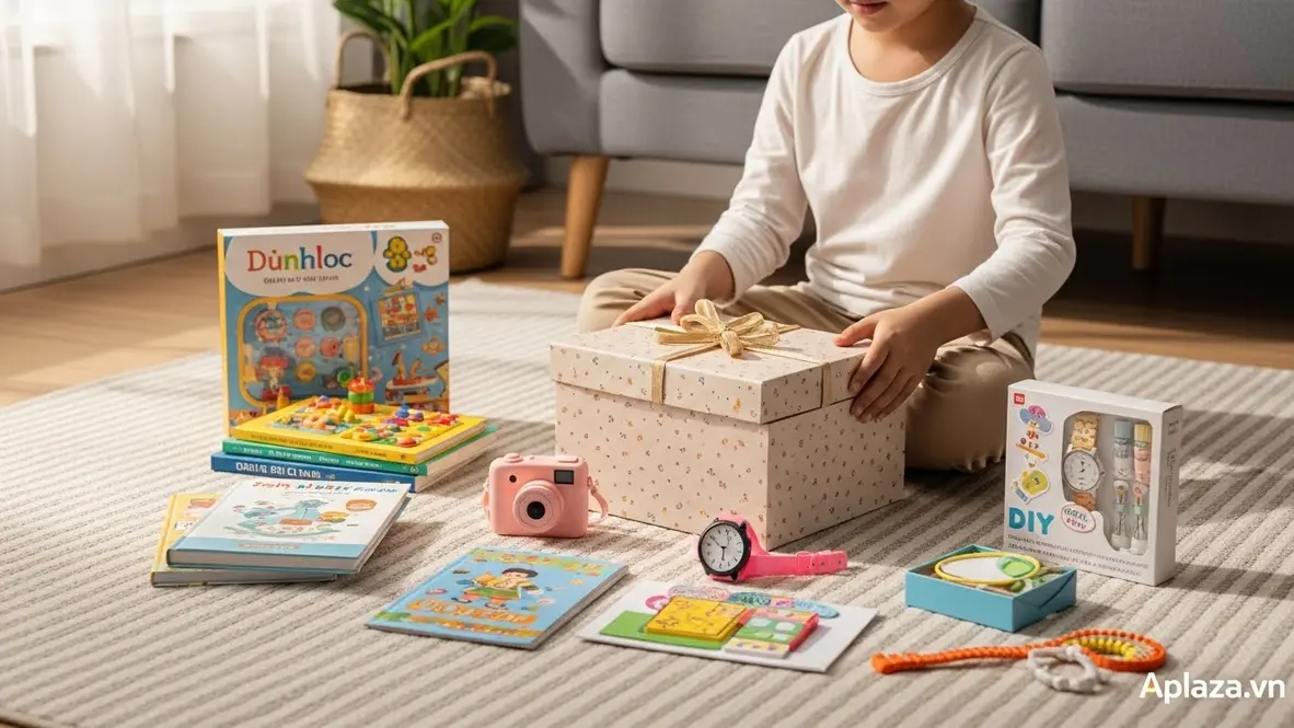 Bé 10 tuổi mở quà sinh nhật, xung quanh là đồ chơi giáo dục, sách, đồ công nghệ và bộ DIY, không khí vui tươi trong phòng khách sáng sủa.