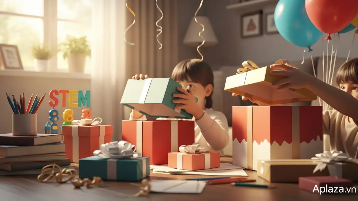 Khoảnh khắc mở quà sinh nhật cho bé 11 tuổi với đồ chơi STEM, sách và dụng cụ vẽ trong không gian ấm áp