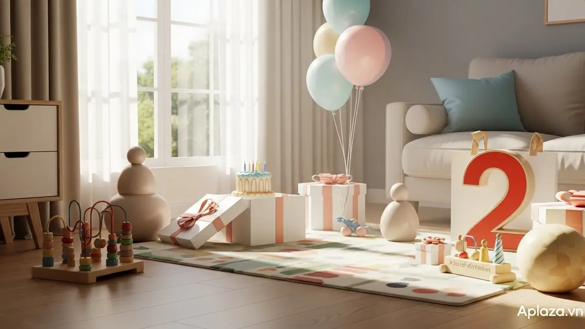 Bé 2 tuổi ngồi trên thảm chơi bên hộp quà sinh nhật mở nắp; đồ chơi màu sắc tươi sáng, kích thước lớn, bo tròn, chất liệu an toàn, không có chi tiết nhỏ — gợi ý quà sinh nhật cho bé 2 tuổi chú trọng an toàn và phù hợp độ tuổi.