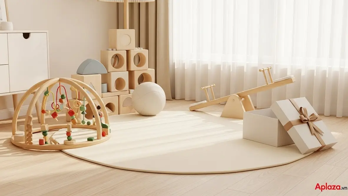 Quà sinh nhật cho bé 2 tuổi với đồ chơi giáo dục, đồ chơi vận động, sách tranh bìa cứng và khối lắp ghép an toàn bày trên thảm sáng màu, tông màu tươi vui.