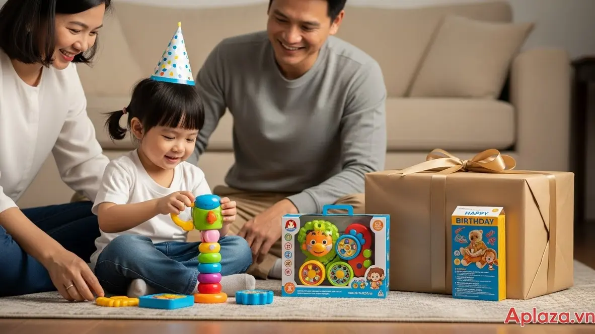 Bé 4 tuổi chơi đồ chơi giáo dục có nhãn an toàn rõ ràng, quà sinh nhật được gói gọn gàng và bố mẹ quan sát lựa chọn từ nơi mua uy tín