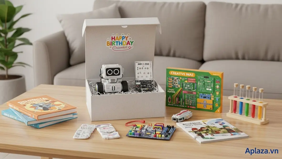 Hộp quà sinh nhật mở ra với đồ chơi giáo dục và STEM phù hợp cho bé 9 tuổi, gồm robot lập trình, bộ thí nghiệm và bộ lắp ráp