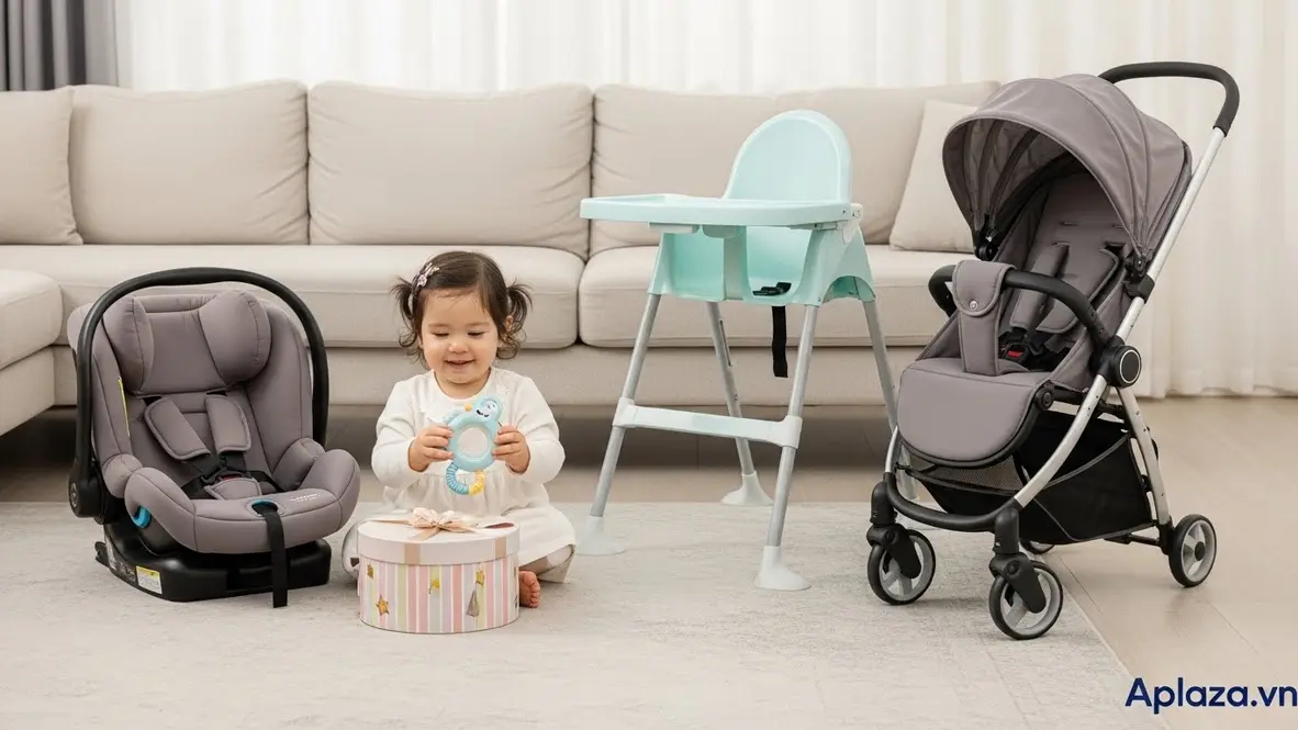 Góc quà sinh nhật cho bé gái 1 tuổi với ghế ngồi ô tô trẻ em, ghế ăn cố định, xe đẩy gấp gọn và hộp quà tông pastel, nhấn mạnh dây đai 5 điểm và chất liệu thoáng khí