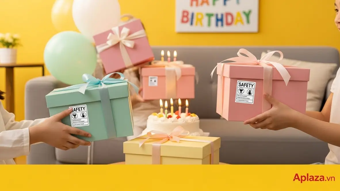 Khung cảnh sinh nhật ấm áp với hộp quà màu pastel, nhấn mạnh mua quà sinh nhật cho bé gái 10 tuổi an toàn và phù hợp sở thích.