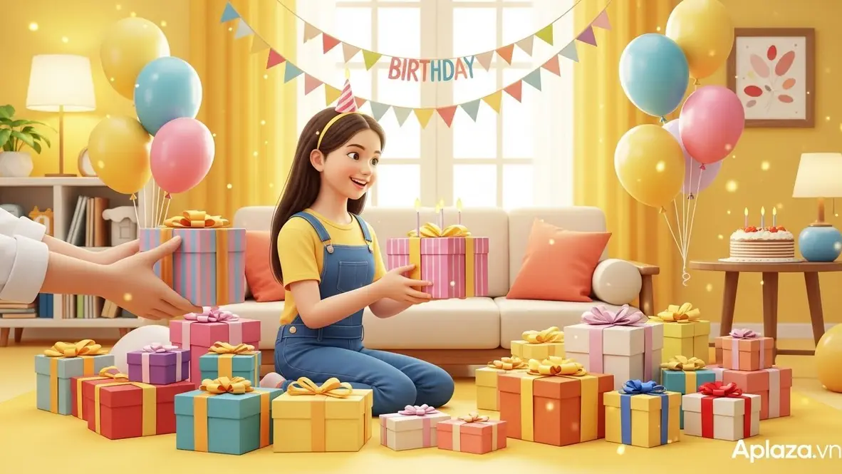 Bé gái 10 tuổi mỉm cười nhận quà sinh nhật trong phòng khách ấm áp, nhiều hộp quà màu pastel và bóng bay gợi cảm hứng mua quà sinh nhật cho bé gái 10 tuổi theo ngân sách.