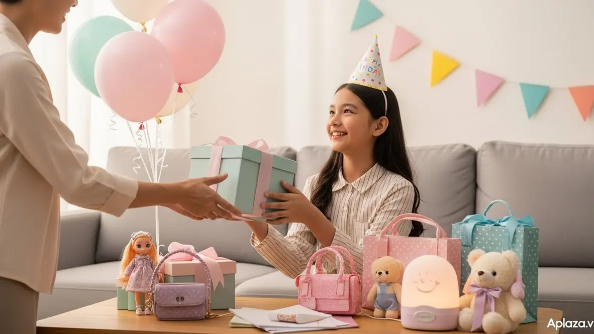 Không gian ấm áp, bé gái 11 tuổi mỉm cười nhận hộp quà sinh nhật tông pastel từ người thân, gợi cảm hứng những món quà đáng yêu như búp bê, thú nhồi bông, phụ kiện và đồ trang trí phòng.