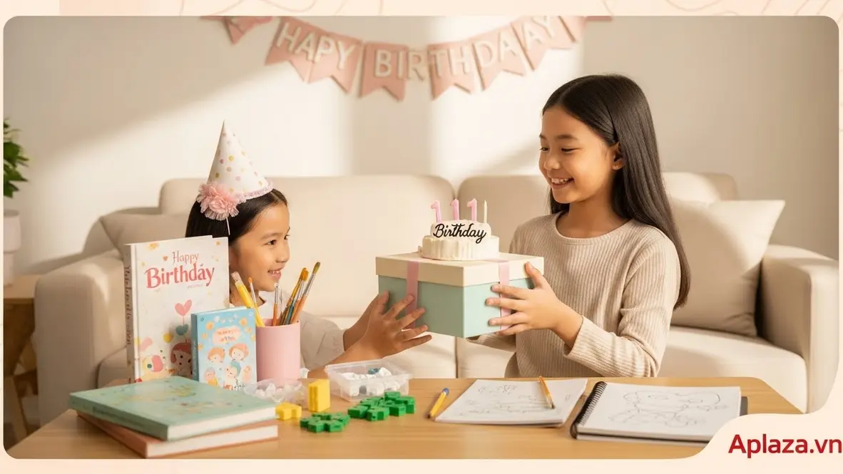 Bé gái 11 tuổi nhận hộp quà pastel đầy ý nghĩa, người thân mỉm cười bên cạnh; gợi mở các lựa chọn như sách, bộ STEM và dụng cụ vẽ giúp phát triển kỹ năng và sở thích lâu dài