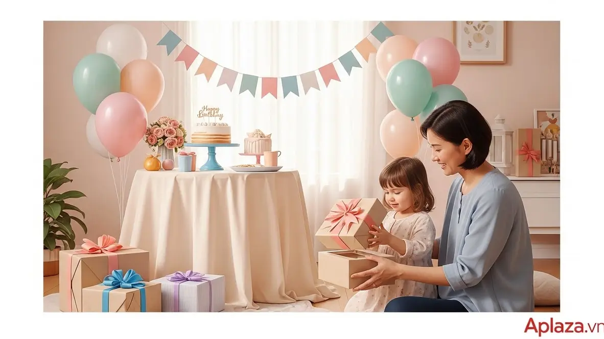 Bé gái hai tuổi nhận hộp quà sinh nhật trong bữa tiệc nhỏ tông pastel, gợi ý mua quà theo ngân sách từ tiết kiệm đến cao cấp