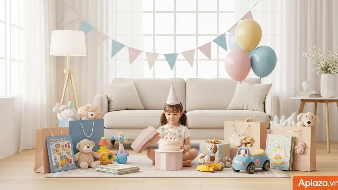 Bé gái hai tuổi mở hộp quà sinh nhật trong bữa tiệc nhỏ tông pastel, xung quanh là đồ chơi giáo dục, thú bông, sách vải và xe chòi chân.