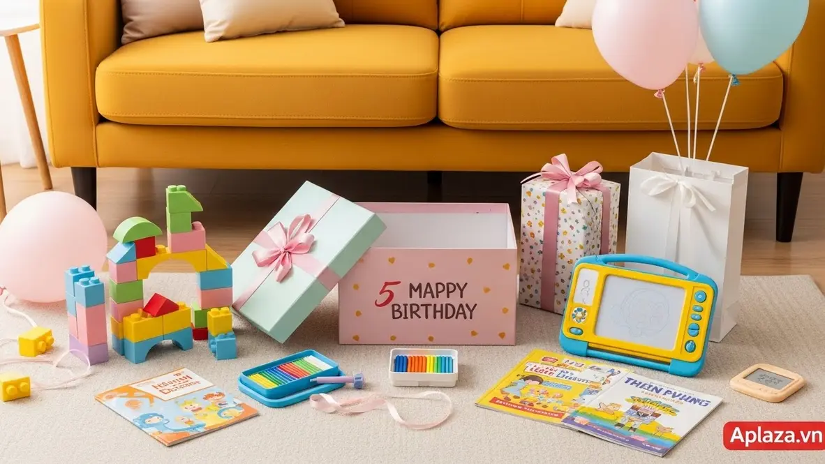 Cảnh hộp quà đầy màu sắc được mở nắp, xung quanh là xếp hình khối lớn, đất nặn, bảng vẽ LCD và sách tranh, gợi cảm hứng mua quà sinh nhật cho bé gái 5 tuổi một cách an toàn và thú vị