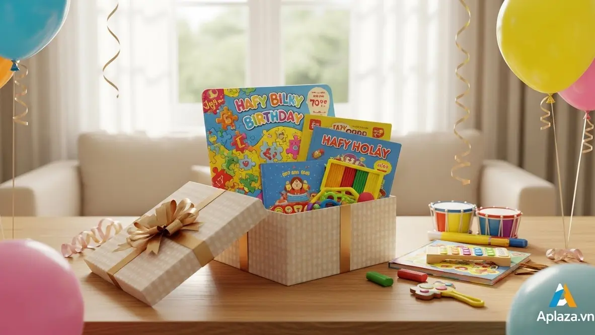 Khung cảnh mua quà sinh nhật cho bé gái 5 tuổi với hộp quà nhiều màu, đồ chơi an toàn và ánh sáng ấm, nhấn mạnh lợi ích phát triển toàn diện.