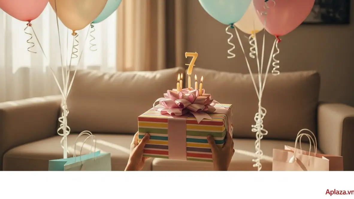 Bé gái bảy tuổi vui vẻ ôm hộp quà sinh nhật nhiều màu trong không gian trang trí bóng bay pastel, gợi ý ý tưởng mua quà sinh nhật cho bé gái 7 tuổi