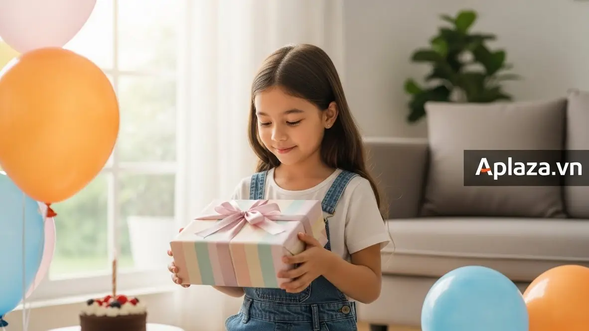 Bé gái 8 tuổi ôm hộp quà sinh nhật bọc xinh trên nền sáng, gợi ý quà sinh nhật cho bé gái 8 tuổi an toàn và phù hợp.