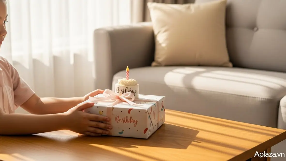 Cảnh bé 9 tuổi nhận hộp quà sinh nhật được gói tinh tế trong không gian sáng nhẹ, gợi tiêu chí chọn quà phù hợp và an toàn