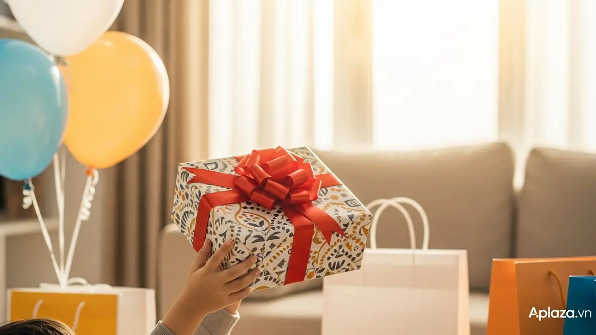 Hộp quà bọc nơ đỏ trên tay bé trong phòng sáng ấm, gợi cảm hứng mua quà sinh nhật cho bé trai 11 tuổi