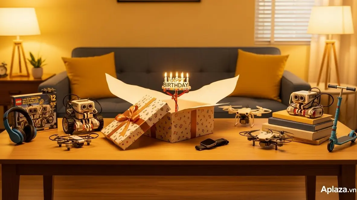Khung cảnh mở quà sinh nhật cho bé trai 12 tuổi với hộp quà vừa bật nắp, xung quanh là Lego, robot lập trình, drone mini, tai nghe, smartwatch, sách và một chiếc scooter thu nhỏ trong ánh đèn ấm áp, gợi ý đồ chơi và thiết bị công nghệ phù hợp lứa tuổi