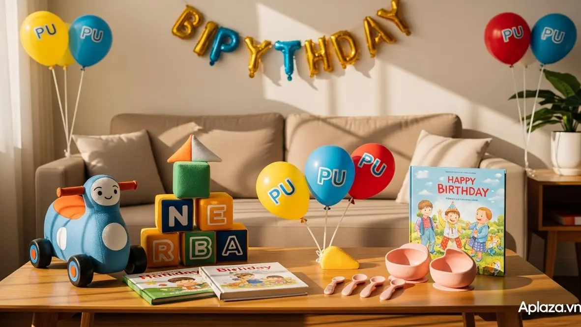 Không gian sinh nhật với bóng bay và bàn quà bày đầy đồ chơi an toàn nhiều màu — gợi ý quà sinh nhật cho bé trai 2 tuổi