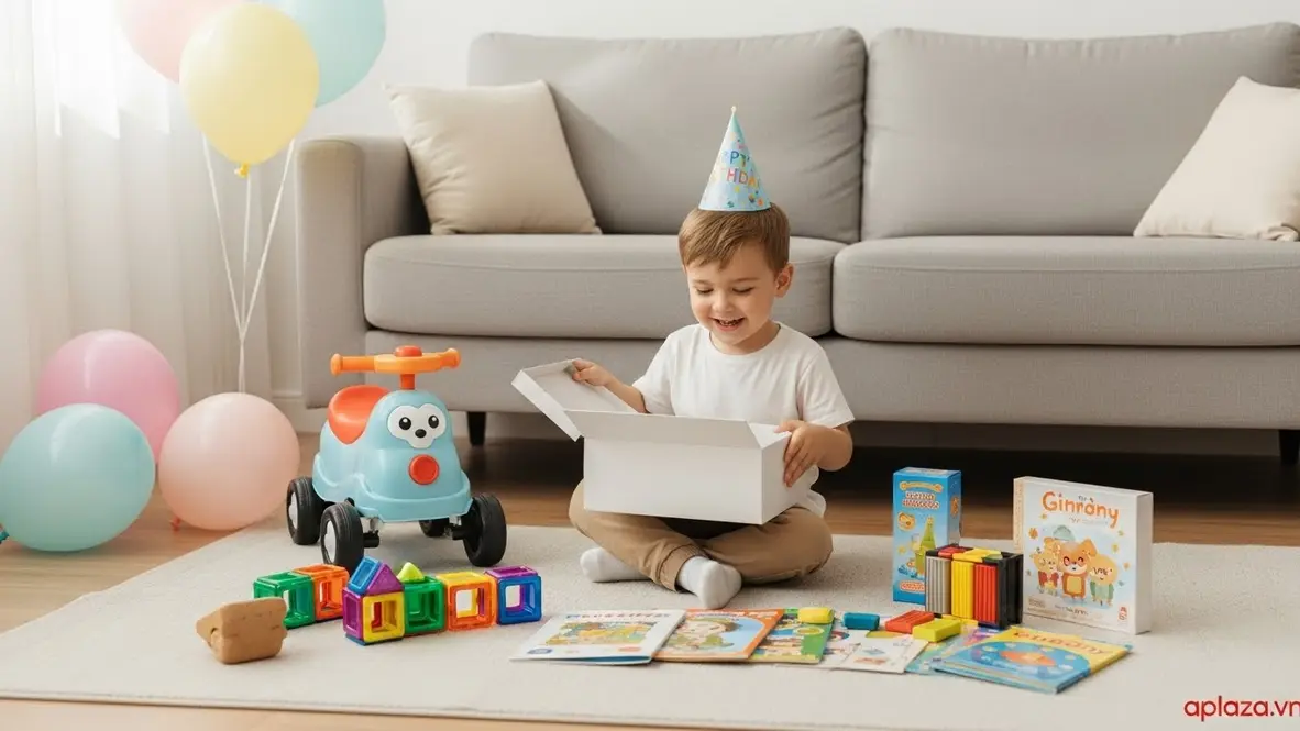 Bé trai 3 tuổi cầm hộp quà, xung quanh xe chòi chân, xếp hình nam châm và đất nặn trong không gian phòng khách sáng ấm, gợi ý mua quà sinh nhật cho bé trai 3 tuổi