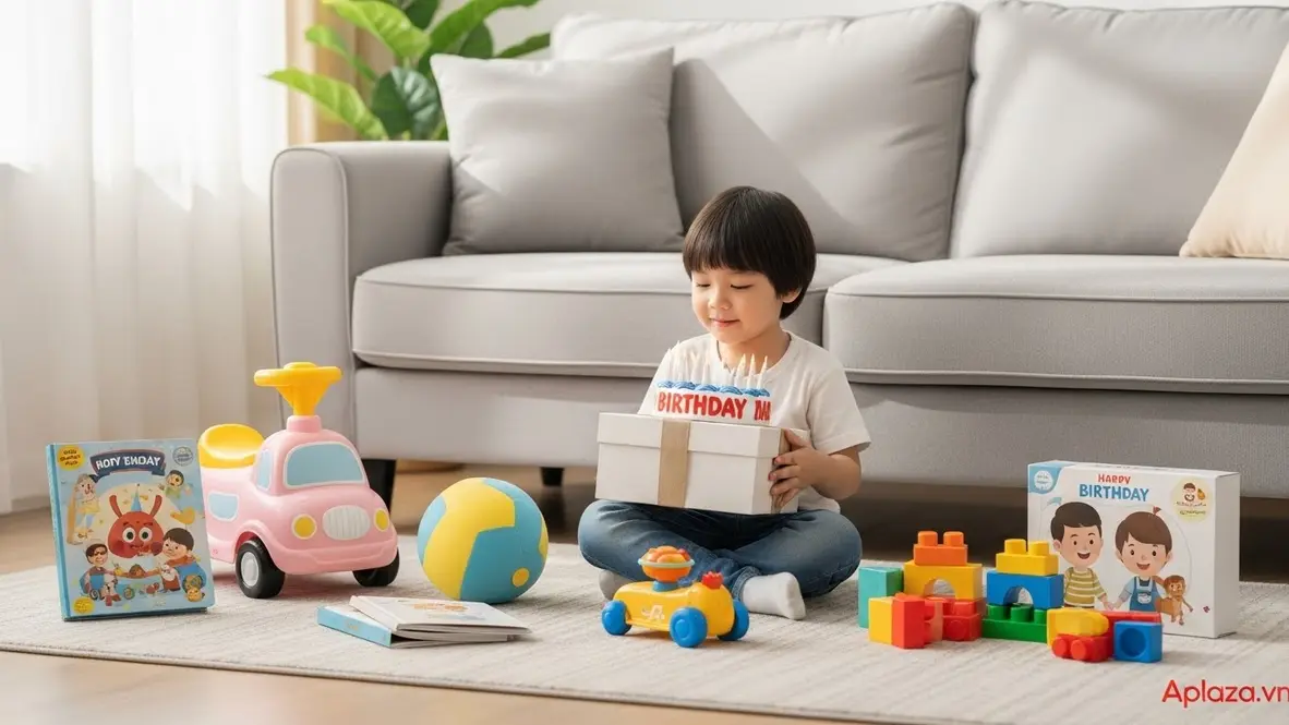 Bé trai 3 tuổi cầm hộp quà sinh nhật, xung quanh là đồ chơi vận động, sáng tạo và khám phá; gợi ý cách chọn quà theo sở thích và giai đoạn phát triển.