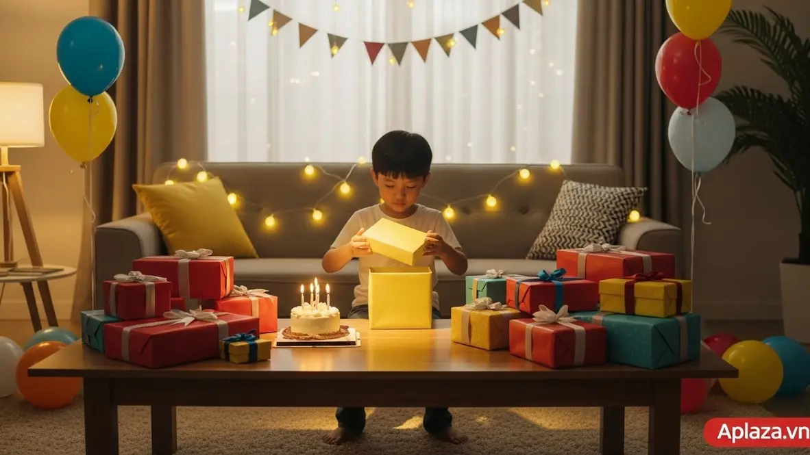Bé trai 6 tuổi mở quà sinh nhật trong không gian ấm áp, nhiều hộp quà màu sắc, gợi ý mua quà an toàn và phù hợp độ tuổi