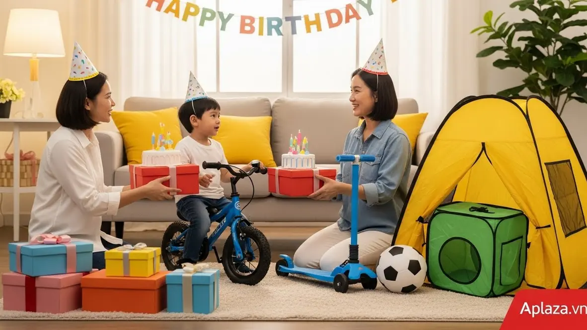 Bé trai 6 tuổi trong bữa tiệc sinh nhật nhận xe đạp, scooter, bóng và lều chơi – gợi ý mua quà vận động, khám phá ngoài trời phù hợp lứa tuổi