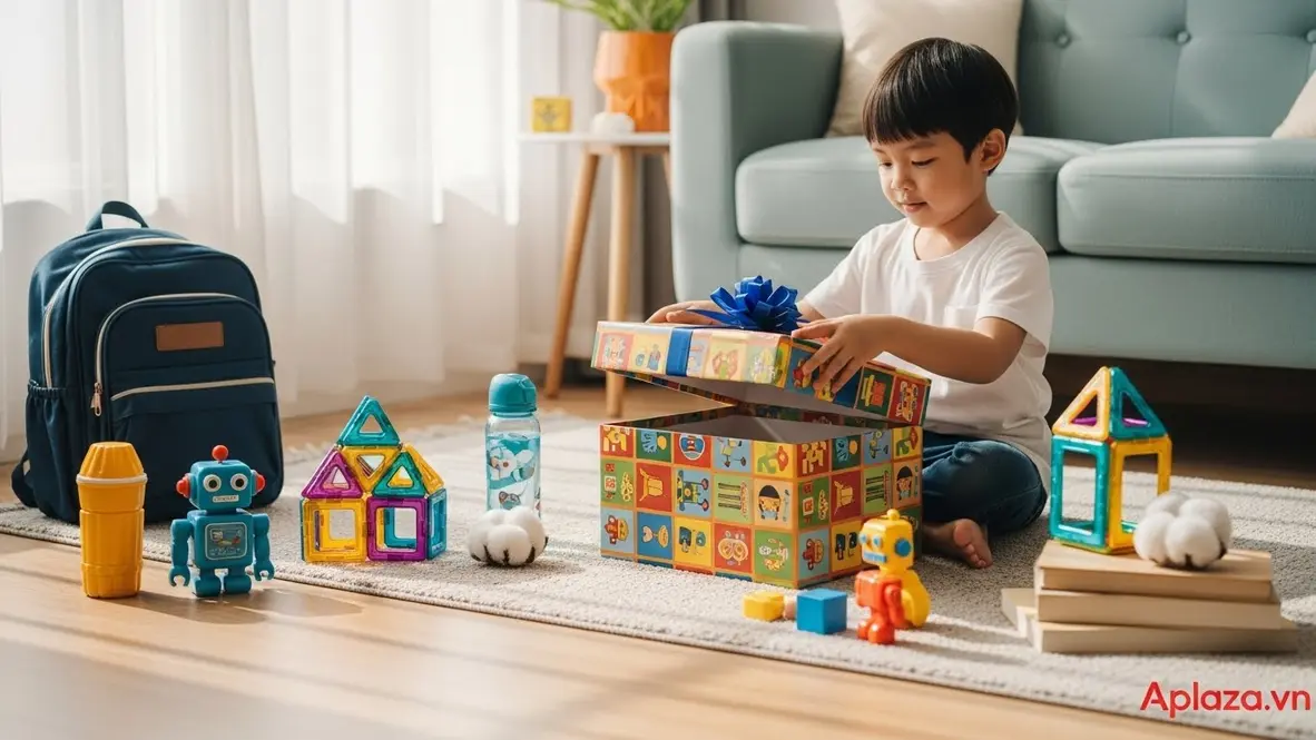 Phòng khách sáng sủa với ánh nắng nhẹ; đôi tay trẻ nhỏ mở hộp quà sinh nhật trên thảm, xung quanh là robot đồ chơi, bộ xếp hình nam châm, balo học sinh, bình nước và sách; chất liệu nhựa an toàn, vải cotton và gỗ mịn; không khí vui tươi gợi ý lựa chọn quà an toàn và giàu giá trị giáo dục cho bé 7 tuổi