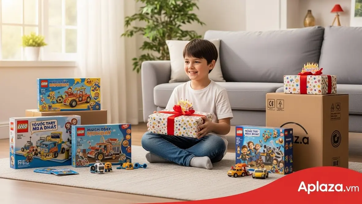 Bé trai 9 tuổi nâng niu hộp quà sinh nhật giữa không gian phòng khách ấm áp, xung quanh là bộ xếp hình trí tuệ và bộ LEGO, nhấn mạnh tiêu chí an toàn và phù hợp độ tuổi khi mua quà sinh nhật cho bé trai 9 tuổi