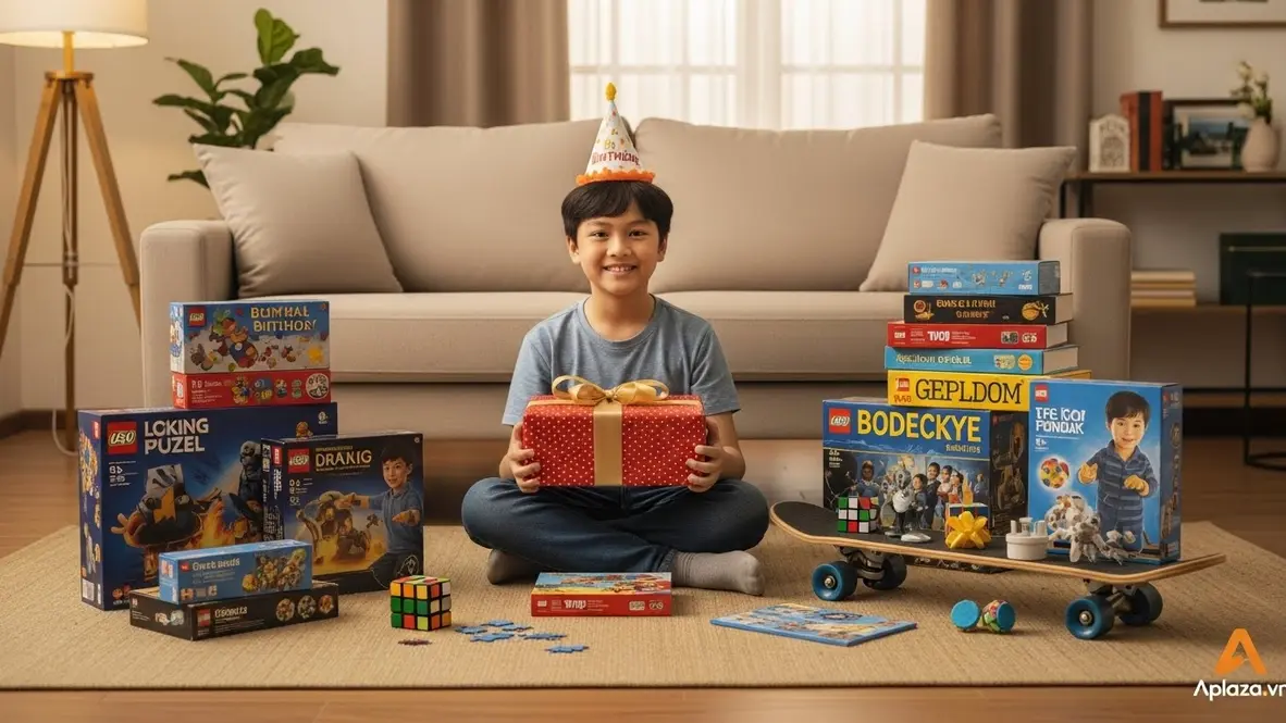 Bé trai 9 tuổi cầm hộp quà sinh nhật, xung quanh là đồ chơi trí tuệ, bộ LEGO và sách trong không gian phòng khách ấm áp, gợi ý mua quà an toàn, phù hợp độ tuổi.