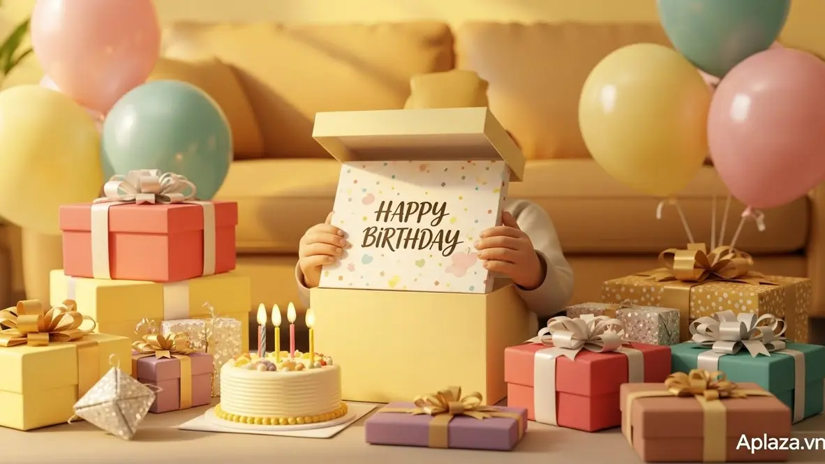 Cảnh bé trai 6 tuổi vui mở hộp quà sinh nhật cá nhân hóa, nhiều hộp quà rực rỡ và bóng bay trong không gian ấm áp.