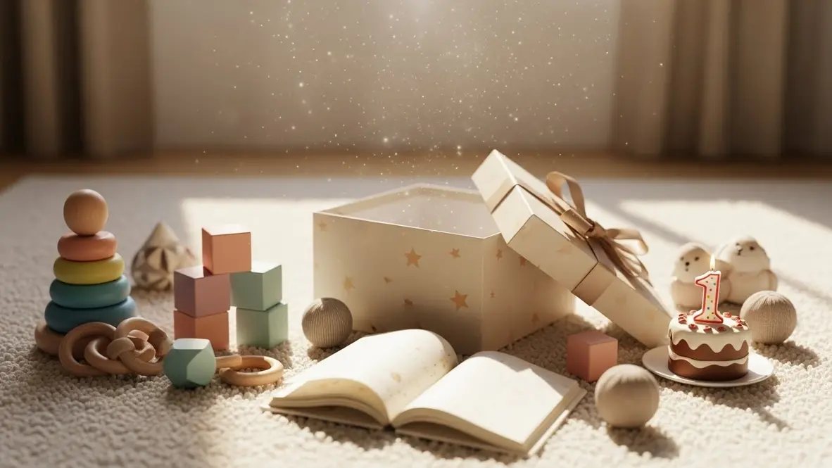 Đồ chơi an toàn bên hộp quà sinh nhật cho bé 1 tuổi, nền sáng với sách vải, vòng xếp chồng và khối gỗ màu pastel, gợi cảm giác an tâm và phát triển.