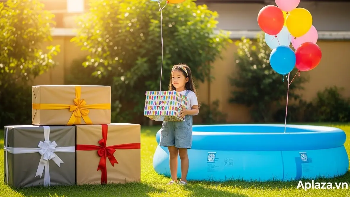 Cảnh quà cho bé 10 tuổi: bé cầm hộp quà sinh nhật nhiều màu bên cạnh bể bơi phao và các hộp quà lớn, không gian sáng sủa tạo cảm giác háo hức.