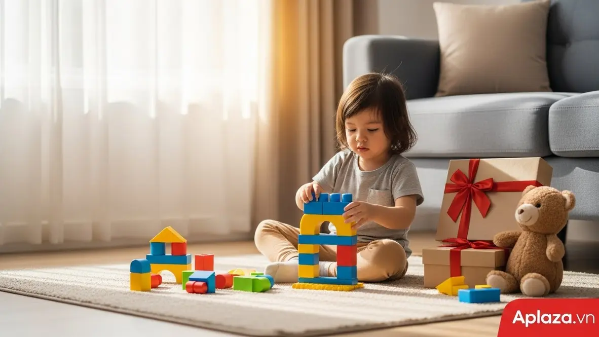 Quang cảnh ấm áp với bé 3 tuổi đang vui vẻ lắp bộ xếp hình nhiều màu bên cạnh hộp quà sinh nhật và thú nhồi bông, gợi ý quà sinh nhật cho bé 3 tuổi.