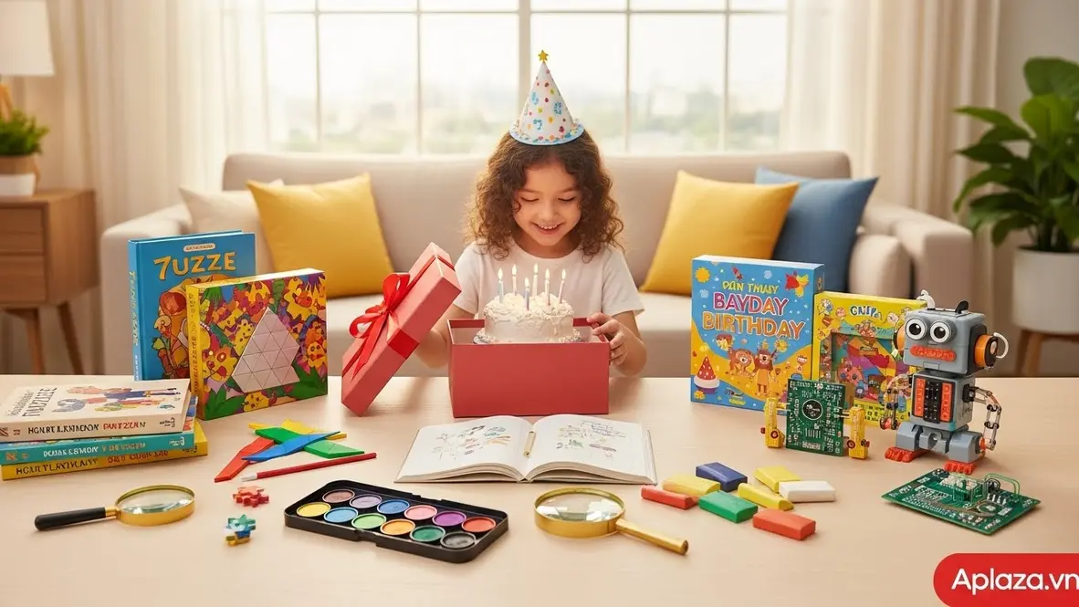 Bé 7 tuổi mở quà theo mục tiêu phát triển: sách, đồ chơi logic, bộ nghệ thuật và STEM trong không gian sinh nhật tươi sáng