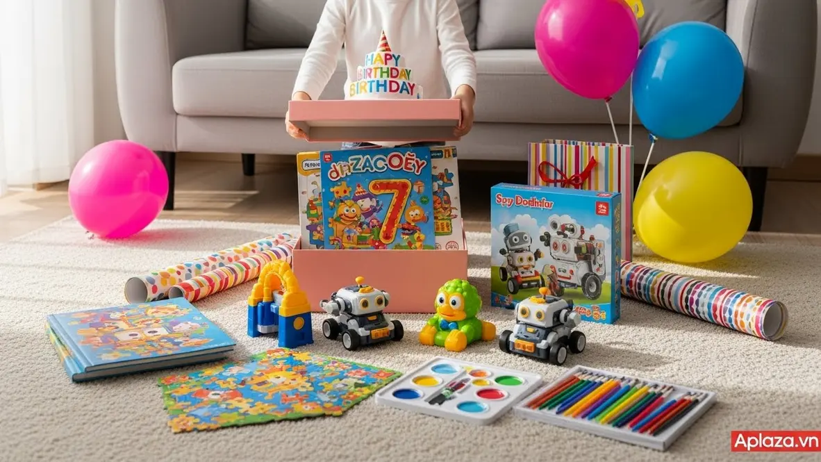 Cảnh bé bảy tuổi vui vẻ mở quà sinh nhật với đồ chơi giáo dục và sách bày trên bàn, không gian sáng và màu sắc tươi, gợi ý quà sinh nhật cho bé bảy tuổi