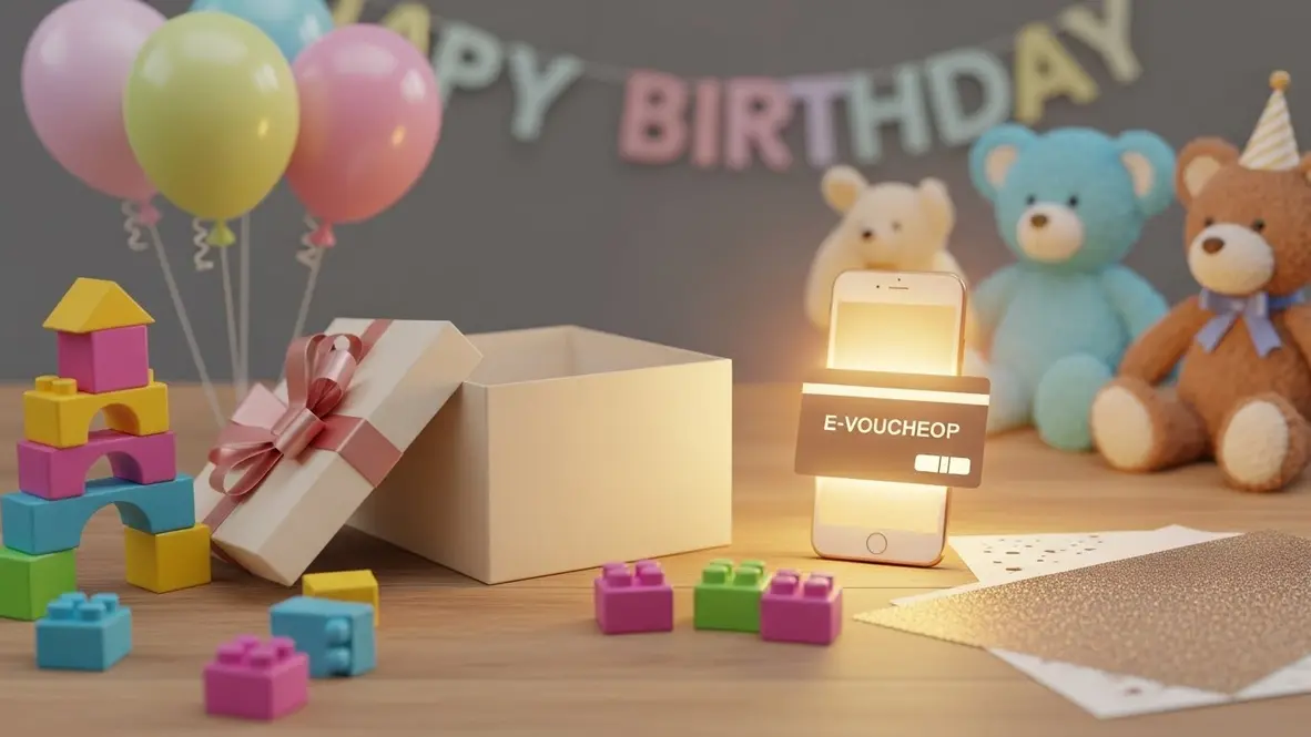 Bộ quà sinh nhật cho bé gồm đồ chơi lắp ráp, thú nhồi bông và thẻ e-voucher đặt trên bàn, ánh sáng ấm áp, màu sắc tươi sáng, gợi ý mua quà nhanh và uy tín