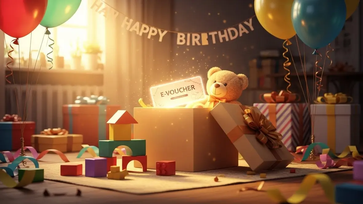 Bộ quà sinh nhật cho bé theo từng độ tuổi với đồ chơi, thú nhồi bông và e-voucher trên nền ấm áp, màu tươi sáng