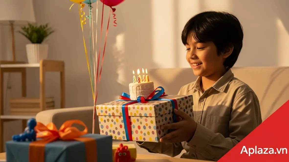 Cảnh bé trai 11 tuổi vui cầm hộp quà sinh nhật bọc đẹp trên nền sáng, gợi cảm hứng chọn quà sinh nhật cho bé trai 11 tuổi phù hợp và ý nghĩa.