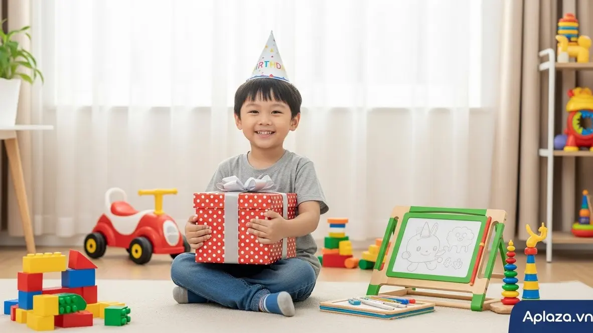 Cảnh bé trai 4 tuổi rạng rỡ cầm hộp quà; gợi ý quà sinh nhật cho bé trai 4 tuổi với đồ chơi xung quanh trong không gian sáng