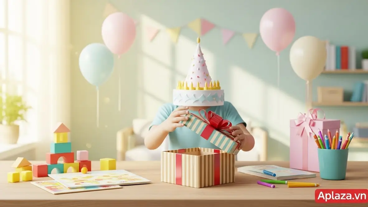 Khung cảnh sinh nhật ấm áp với quà sinh nhật cho bé gái 5 tuổi: hộp quà nhiều màu đang được mở, xung quanh là đồ chơi an toàn như xếp hình và bút sáp, ánh sáng tự nhiên dịu, tông pastel tươi sáng.