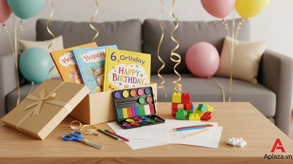 Không gian sinh nhật với bàn quà bày sách thiếu nhi minh họa lớn và đồ sáng tạo DIY như màu nước, kéo đầu tròn, đất nặn — gợi ý quà phù hợp cho bé 6 tuổi