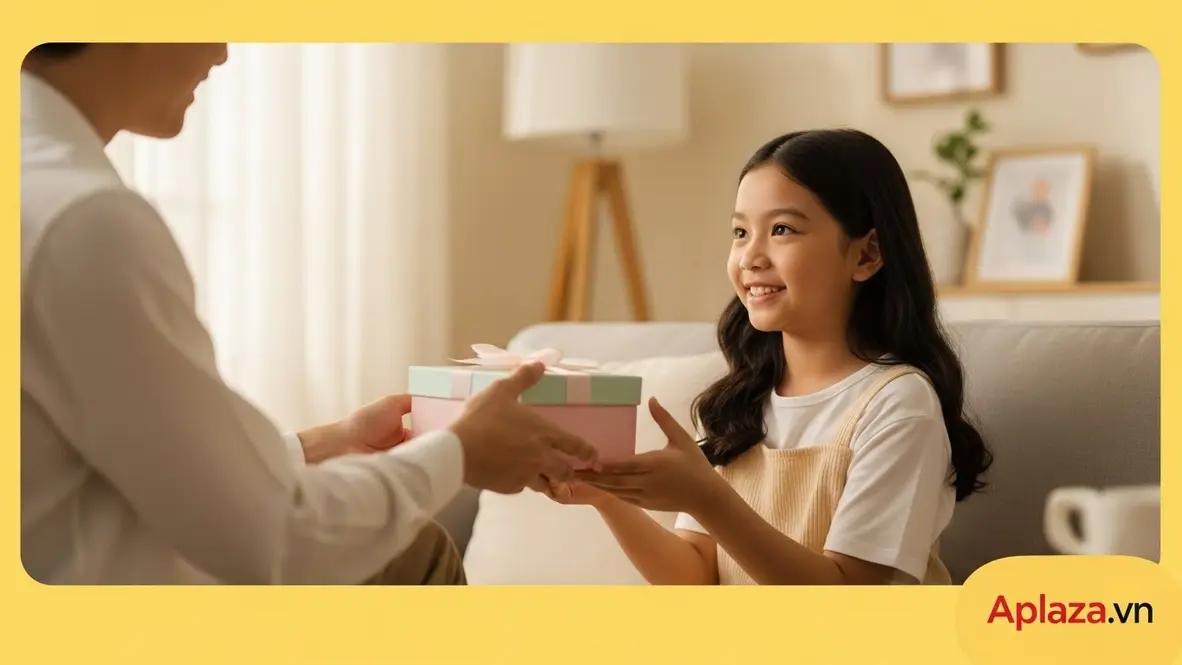 Khoảnh khắc bé gái 11 tuổi nhận quà sinh nhật theo sở thích và cá tính, hộp quà màu pastel trong phòng khách ấm áp, người thân ở cạnh.