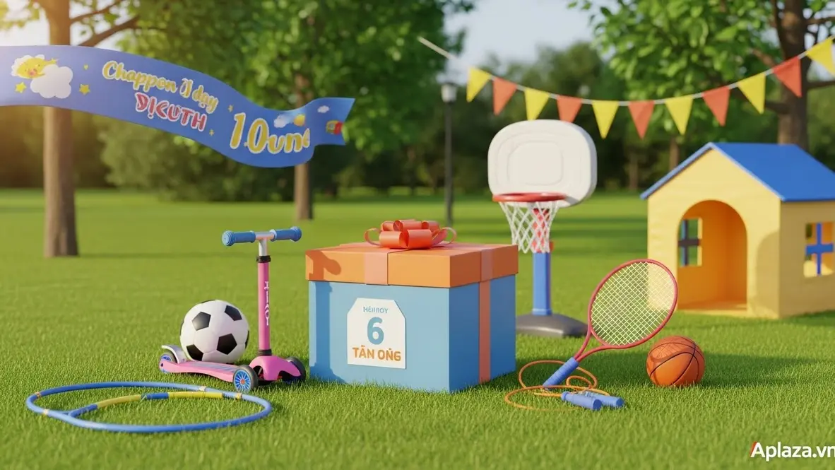 Hộp quà cho bé 6 tuổi đặt giữa bãi cỏ, xung quanh là xe scooter, bóng đá, bóng rổ mini, dây nhảy, vợt trẻ em và nhà chơi di động trong không khí lễ 1/6