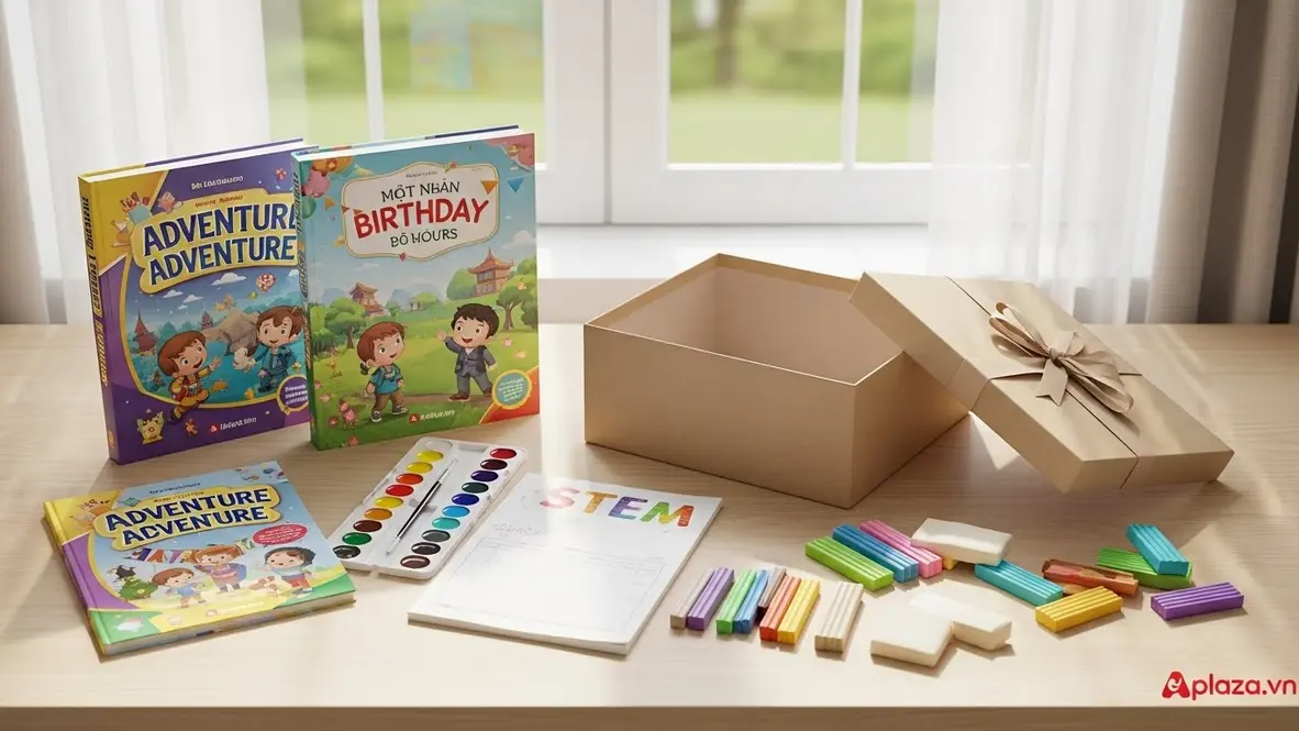 Hộp quà sinh nhật cho bé 9 tuổi bày cùng sách thiếu nhi, workbook STEM và bộ màu nước, bút dạ cọ, đất nặn nhẹ trên bàn gỗ sáng, gợi ý mua quà thiên về sáng tạo và học tập