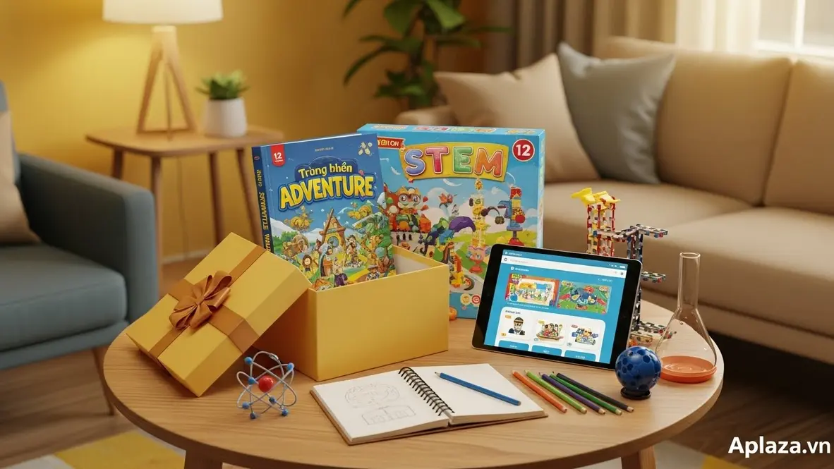 Quà sinh nhật cho bé trai 12 tuổi với sách phiêu lưu, bộ STEM và vở vẽ trong ánh sáng ấm